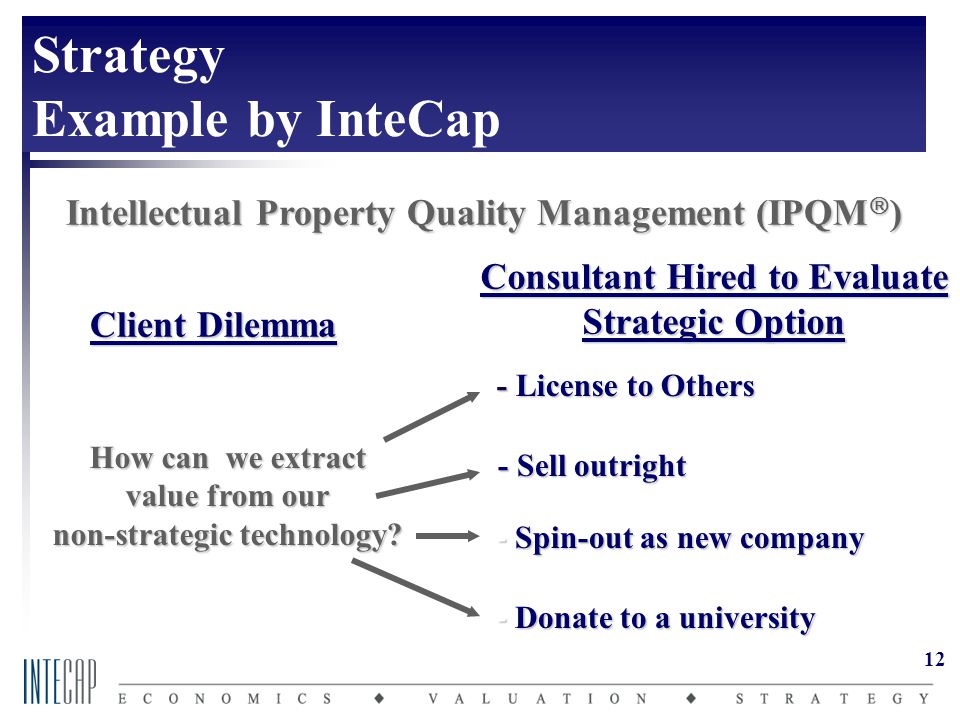 12 Intellectual Property Quality Management (IPQM  ) Client Dilemma Consultant Hired to Evaluate Strategic Option How can we extract value from our non-strategic technology.