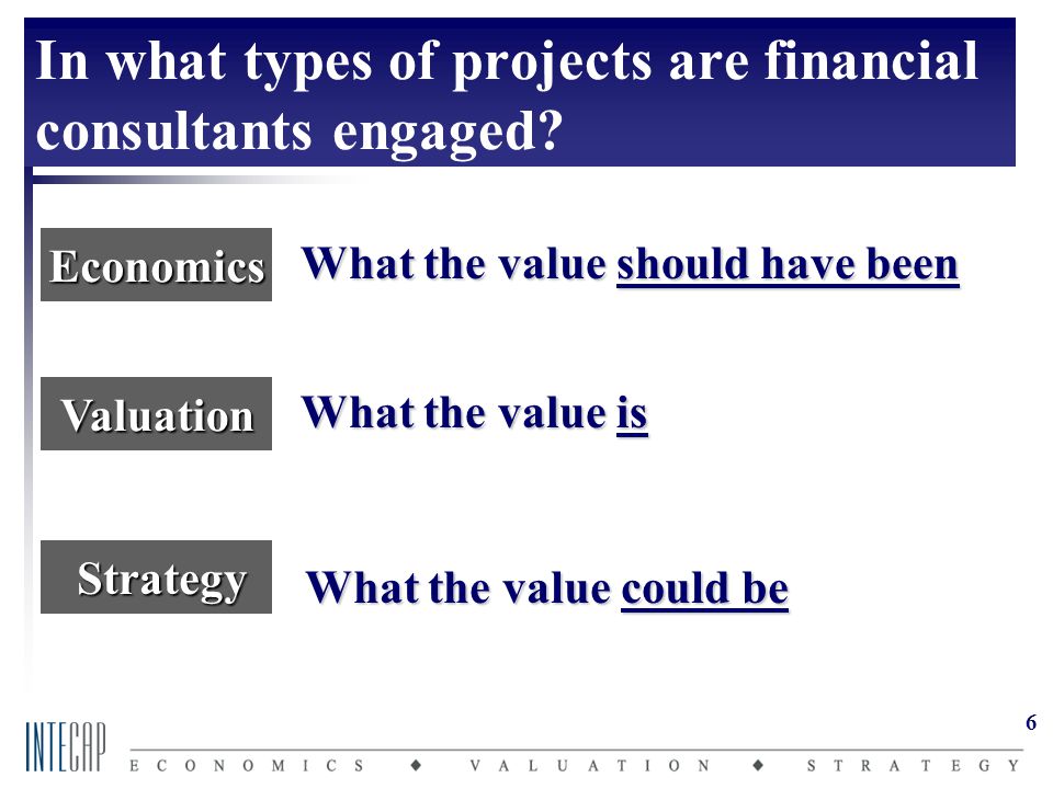 6 Valuation Strategy Strategy Economics What the value is What the value should have been What the value could be In what types of projects are financial consultants engaged