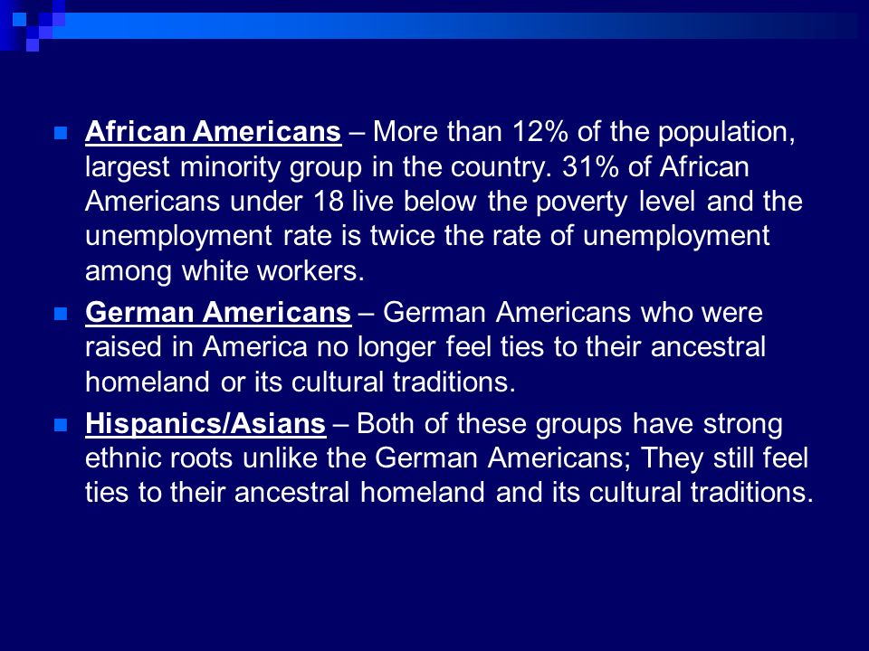 African Americans – More than 12% of the population, largest minority group in the country.