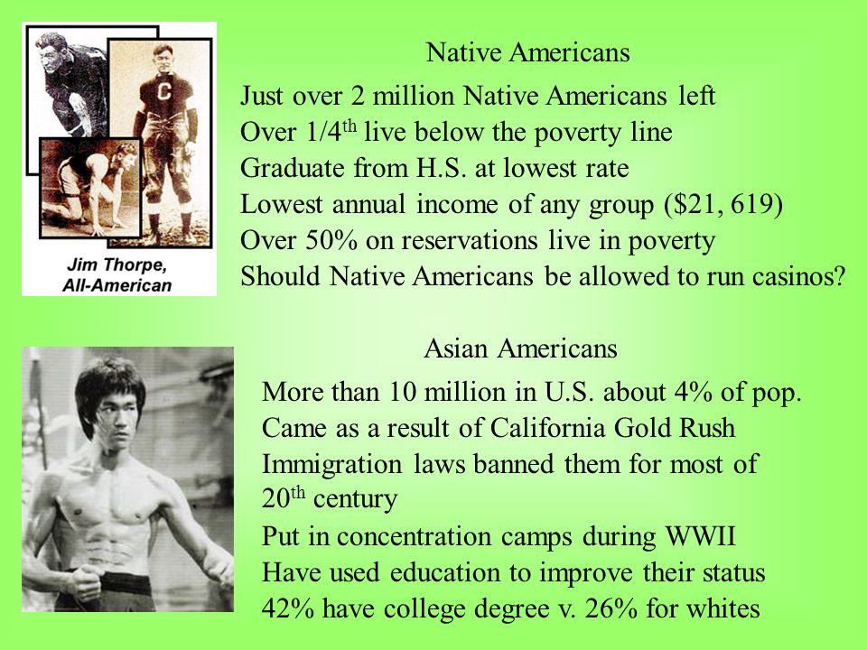 Native Americans Just over 2 million Native Americans left Over 1/4 th live below the poverty line Graduate from H.S.