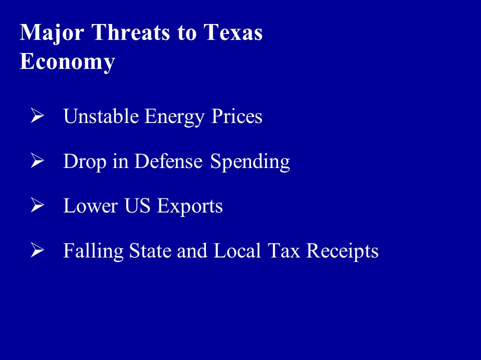 Major Threats to Texas Economy  Unstable Energy Prices  Drop in Defense Spending  Lower US Exports  Falling State and Local Tax Receipts