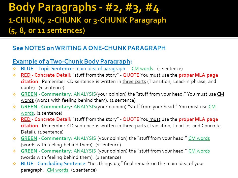 See NOTES on WRITING A ONE-CHUNK PARAGRAPH Example of a Two-Chunk Body Paragraph:  BLUE - Topic Sentence: main idea of paragraph – CM words.