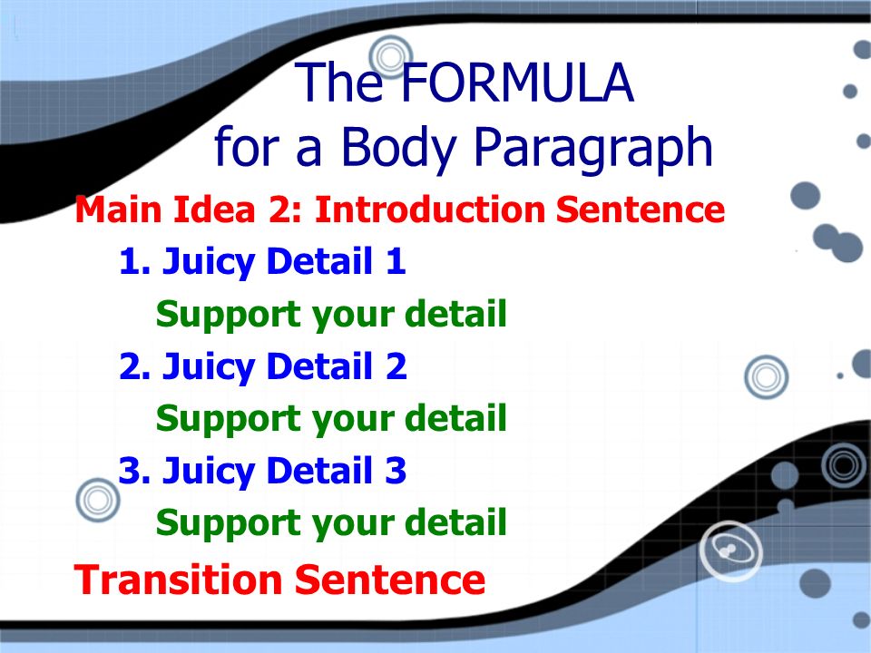 The FORMULA for a Body Paragraph Main Idea 2: Introduction Sentence 1.