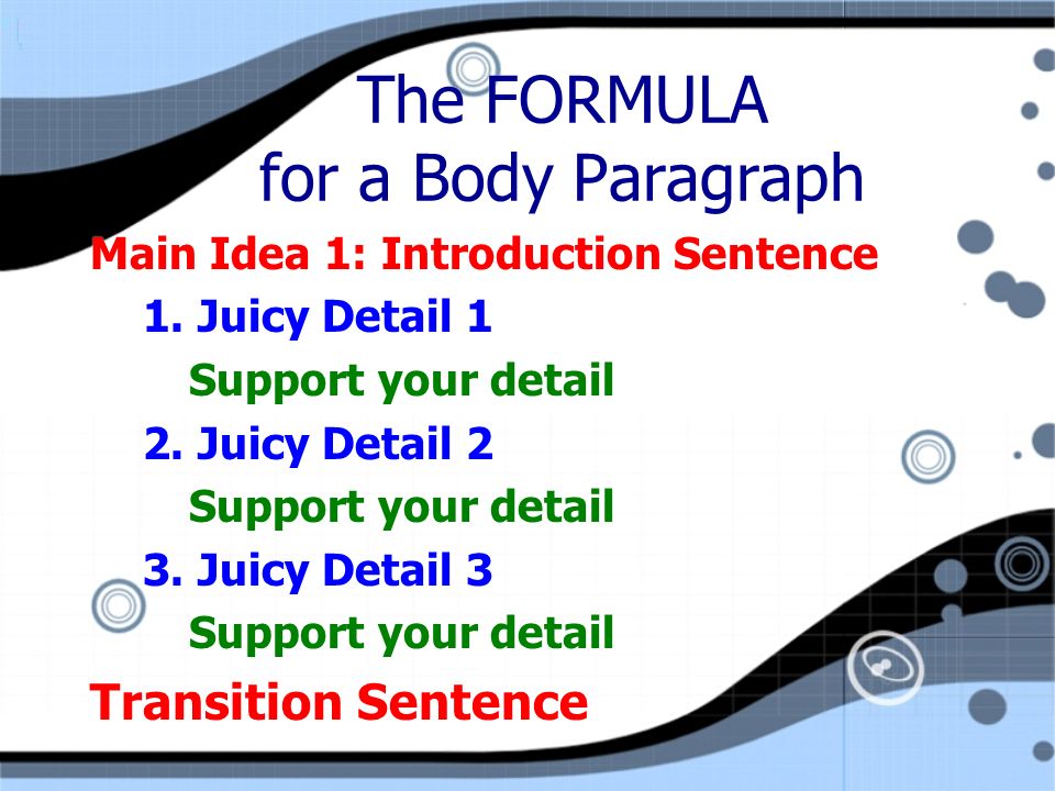 The FORMULA for a Body Paragraph Main Idea 1: Introduction Sentence 1.