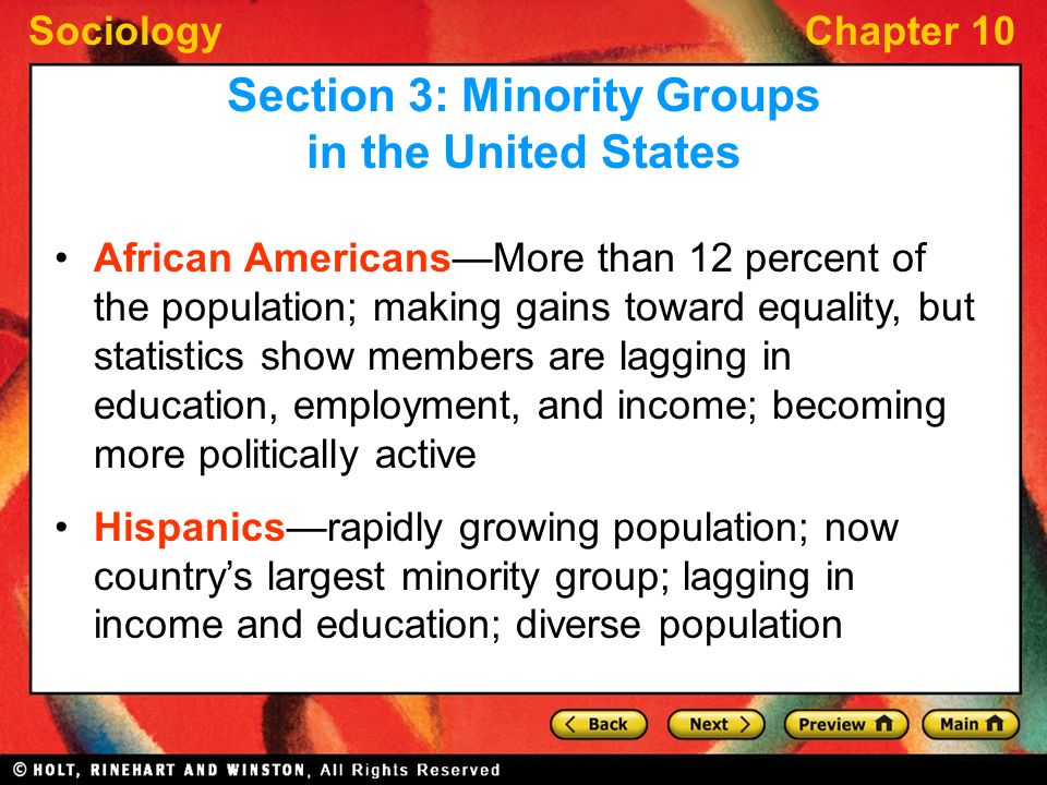 SociologyChapter 10 African Americans—More than 12 percent of the population; making gains toward equality, but statistics show members are lagging in education, employment, and income; becoming more politically active Hispanics—rapidly growing population; now country’s largest minority group; lagging in income and education; diverse population Section 3: Minority Groups in the United States