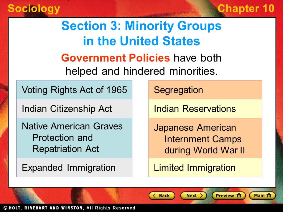 SociologyChapter 10 Government Policies have both helped and hindered minorities.