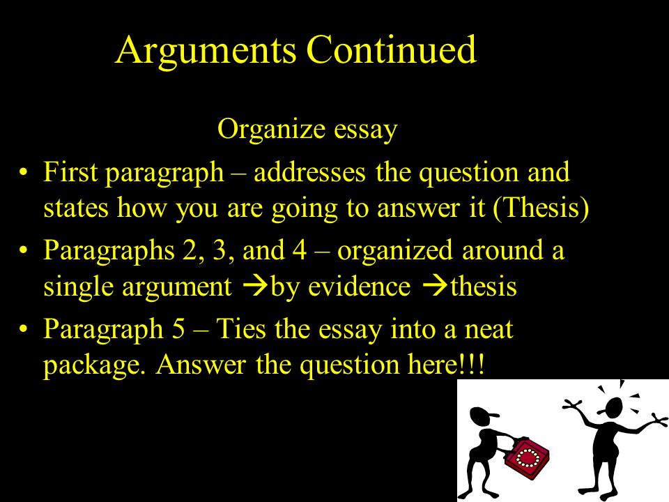 Arguments Continued Organize essay First paragraph – addresses the question and states how you are going to answer it (Thesis) Paragraphs 2, 3, and 4 – organized around a single argument  by evidence  thesis Paragraph 5 – Ties the essay into a neat package.