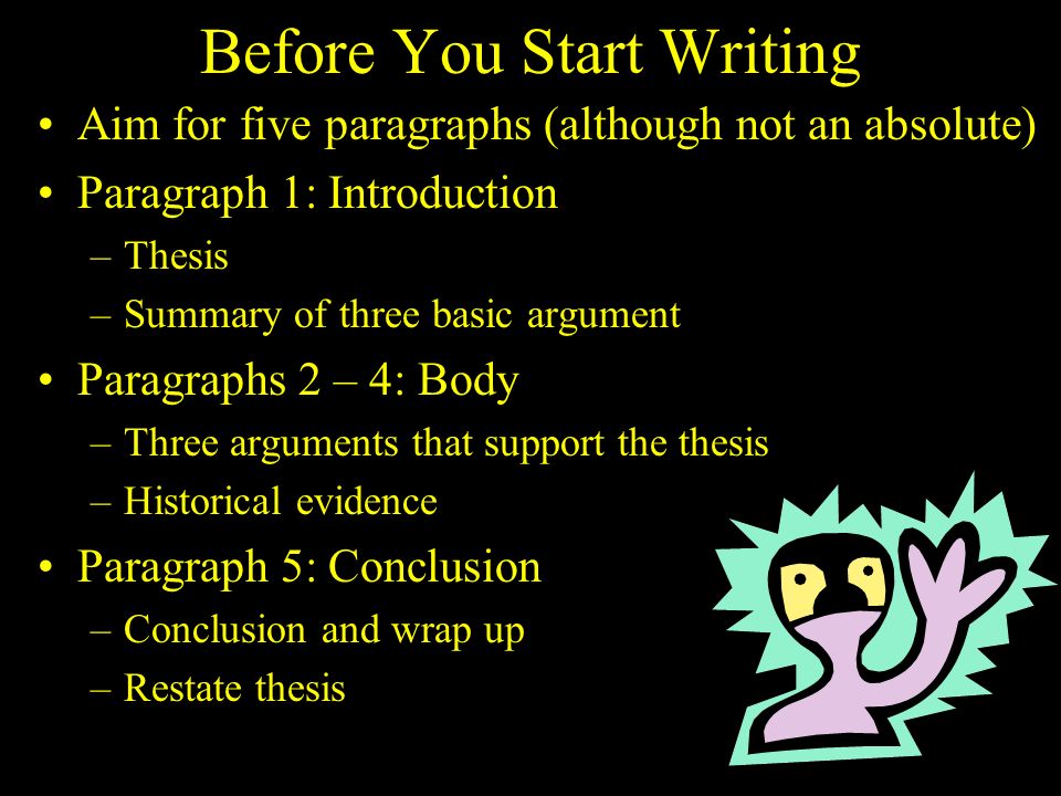 Before You Start Writing Aim for five paragraphs (although not an absolute) Paragraph 1: Introduction –Thesis –Summary of three basic argument Paragraphs 2 – 4: Body –Three arguments that support the thesis –Historical evidence Paragraph 5: Conclusion –Conclusion and wrap up –Restate thesis
