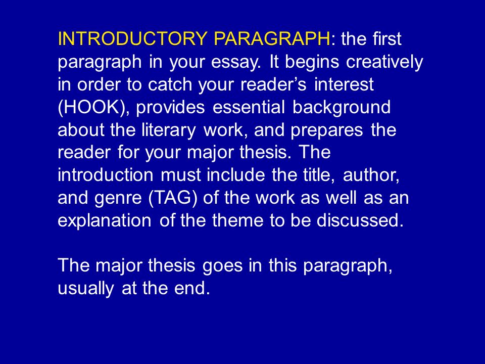 INTRODUCTORY PARAGRAPH: the first paragraph in your essay.