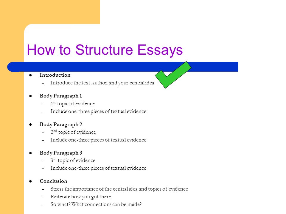 8 How to Structure Essays Introduction – Introduce the text, author, and your central idea Body Paragraph 1 – 1 st topic of evidence – Include one-three pieces of textual evidence Body Paragraph 2 – 2 nd topic of evidence – Include one-three pieces of textual evidence Body Paragraph 3 – 3 rd topic of evidence – Include one-three pieces of textual evidence Conclusion – Stress the importance of the central idea and topics of evidence – Reiterate how you got there – So what.