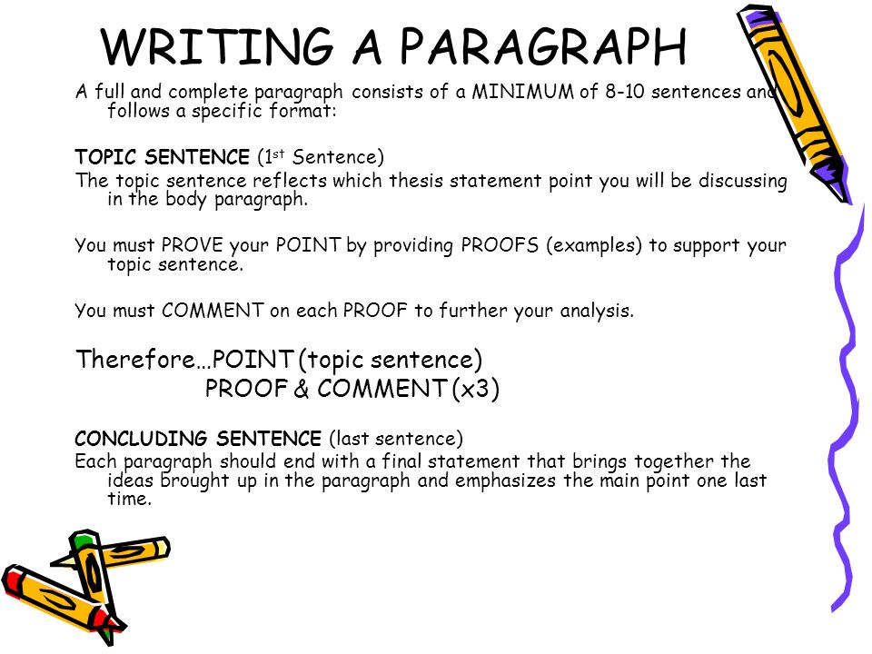 WRITING A PARAGRAPH A full and complete paragraph consists of a MINIMUM of 8-10 sentences and follows a specific format: TOPIC SENTENCE (1 st Sentence) The topic sentence reflects which thesis statement point you will be discussing in the body paragraph.