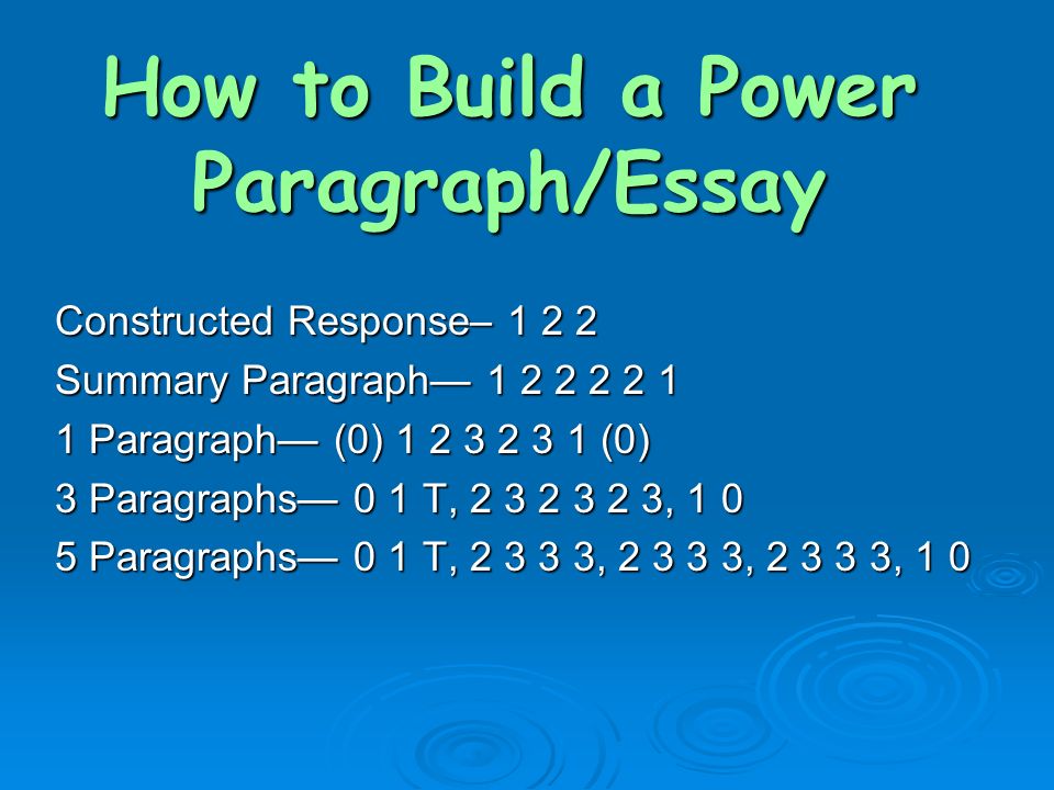 How to Build a Power Paragraph/Essay Constructed Response– Summary Paragraph— Paragraph— (0) (0) 3 Paragraphs— 0 1 T, , Paragraphs— 0 1 T, , , , 1 0
