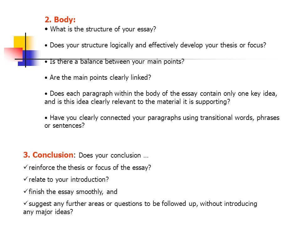 3. Conclusion: Does your conclusion … reinforce the thesis or focus of the essay.
