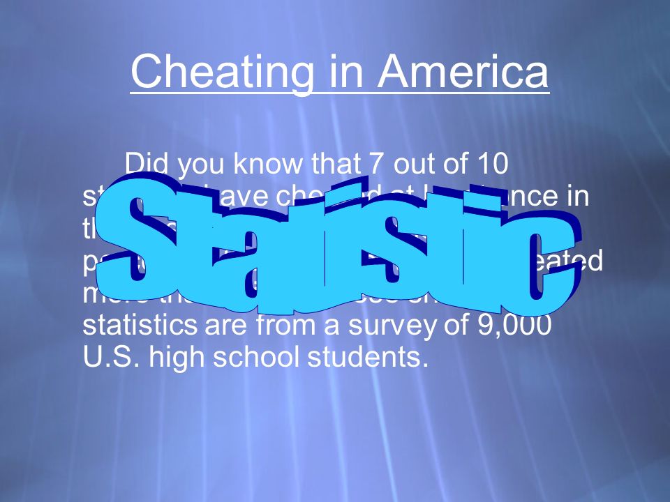 Cheating in America Did you know that 7 out of 10 students have cheated at least once in the past year.
