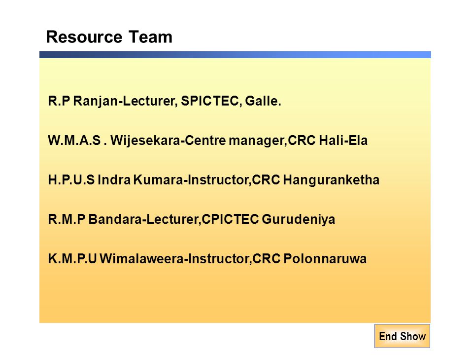 Resource Team R.P Ranjan-Lecturer, SPICTEC, Galle.
