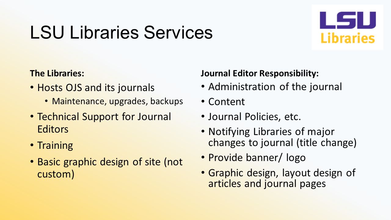 LSU Libraries Services The Libraries: Hosts OJS and its journals Maintenance, upgrades, backups Technical Support for Journal Editors Training Basic graphic design of site (not custom) Journal Editor Responsibility: Administration of the journal Content Journal Policies, etc.
