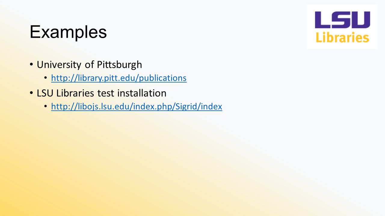 Examples University of Pittsburgh   LSU Libraries test installation