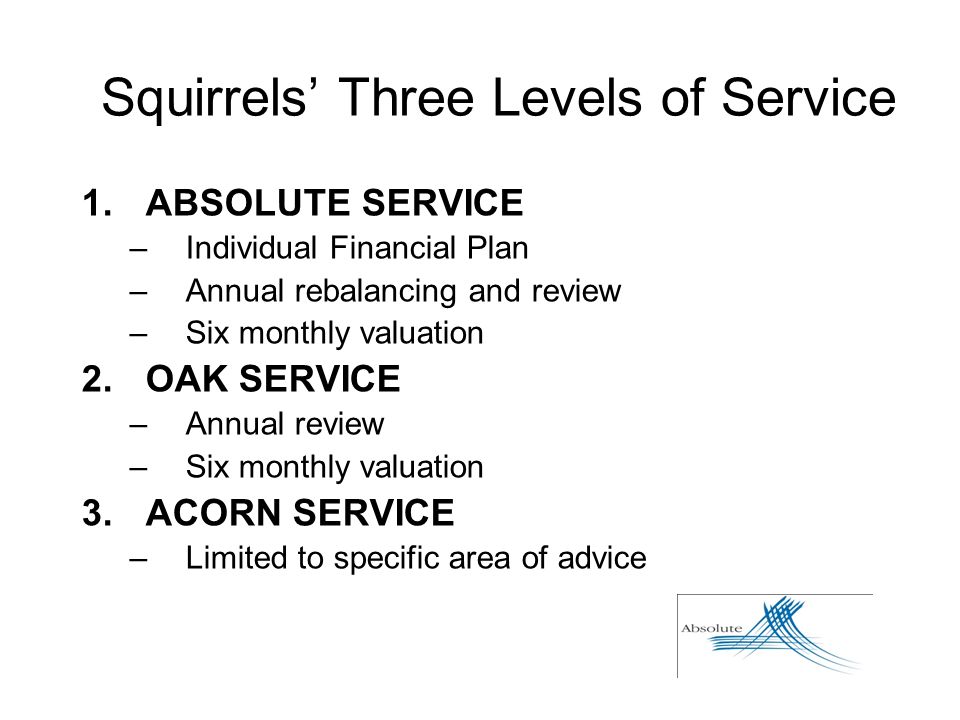 Squirrels’ Three Levels of Service 1.ABSOLUTE SERVICE –Individual Financial Plan –Annual rebalancing and review –Six monthly valuation 2.OAK SERVICE –Annual review –Six monthly valuation 3.ACORN SERVICE –Limited to specific area of advice