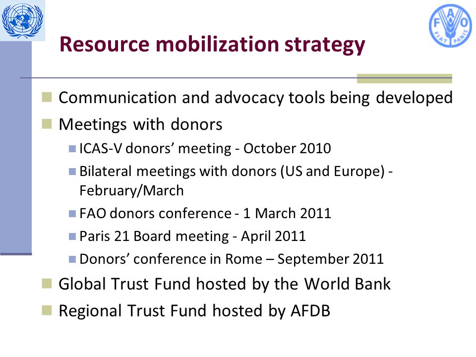 Resource mobilization strategy Communication and advocacy tools being developed Meetings with donors ICAS-V donors’ meeting - October 2010 Bilateral meetings with donors (US and Europe) - February/March FAO donors conference - 1 March 2011 Paris 21 Board meeting - April 2011 Donors’ conference in Rome – September 2011 Global Trust Fund hosted by the World Bank Regional Trust Fund hosted by AFDB