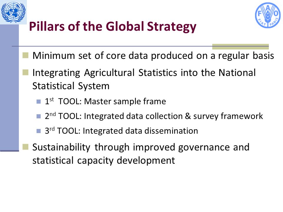 Pillars of the Global Strategy Minimum set of core data produced on a regular basis Integrating Agricultural Statistics into the National Statistical System 1 st TOOL: Master sample frame 2 nd TOOL: Integrated data collection & survey framework 3 rd TOOL: Integrated data dissemination Sustainability through improved governance and statistical capacity development