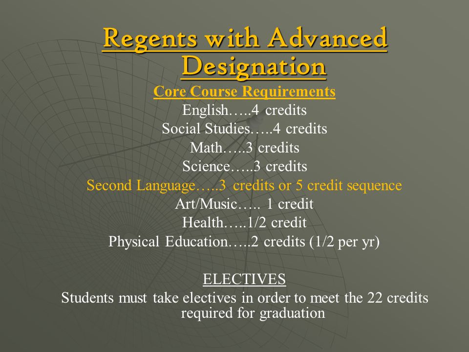 REGENTS DIPLOMA ….Examination Requirements 5 EXAMS REQUIRED… passing grade 65% Test Typical Year Taken Biology8 th or 9 th Integrated Algebra 8 th or 9 th Global Studies 10 th US History 11th Comprehensive English 11th
