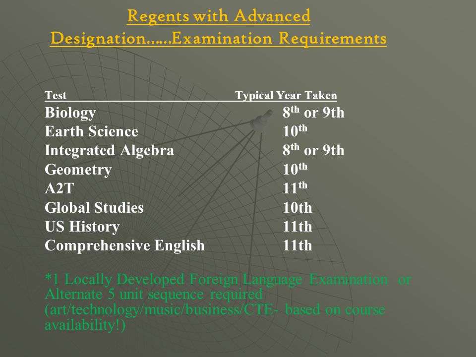 Regents with Advanced Designation Core Course Requirements English…..4 credits Social Studies…..4 credits Math…..3 credits Science…..3 credits Second Language…..3 credits or 5 credit sequence Art/Music…..