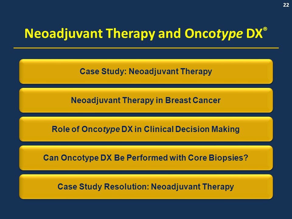 22 Neoadjuvant Therapy and Oncotype DX ® Neoadjuvant Therapy in Breast Cancer Role of Oncotype DX in Clinical Decision Making Case Study Resolution: Neoadjuvant Therapy Case Study: Neoadjuvant Therapy Can Oncotype DX Be Performed with Core Biopsies