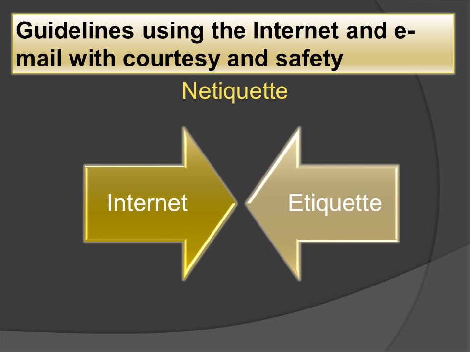 Guidelines using the Internet and e- mail with courtesy and safety InternetEtiquette Netiquette