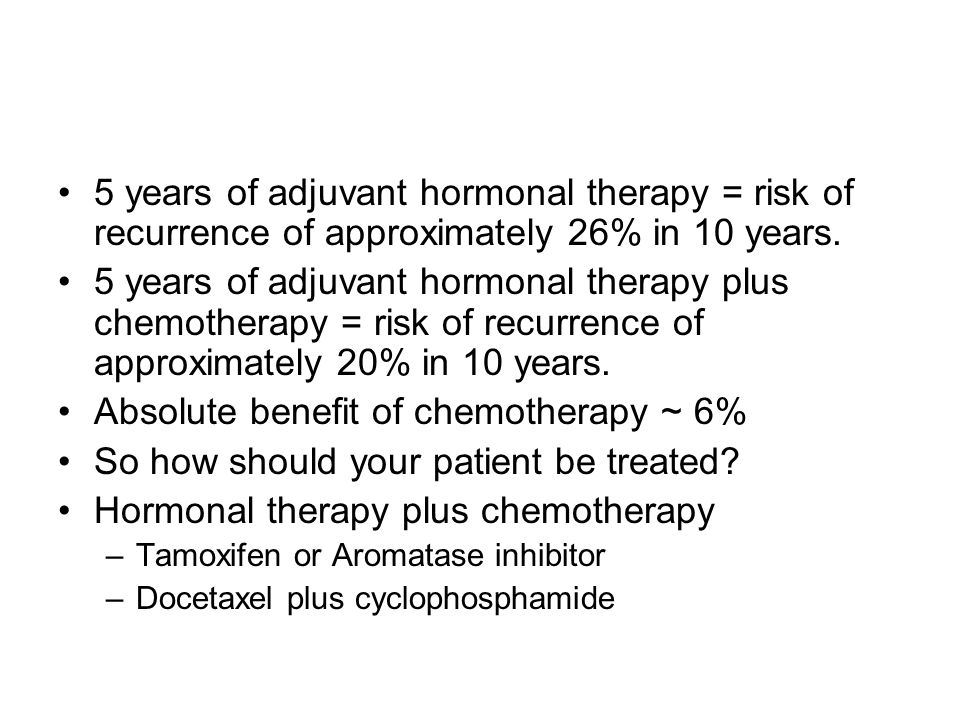 5 years of adjuvant hormonal therapy = risk of recurrence of approximately 26% in 10 years.