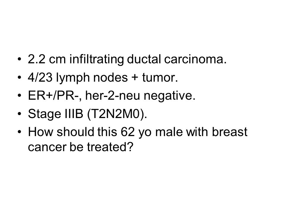 2.2 cm infiltrating ductal carcinoma. 4/23 lymph nodes + tumor.