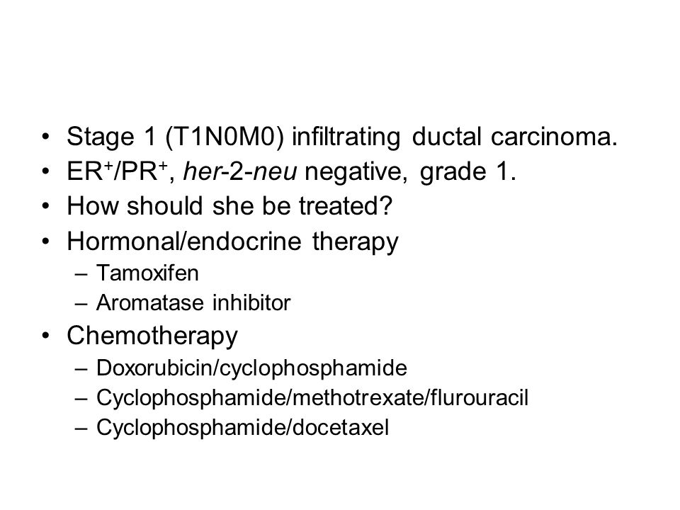 Stage 1 (T1N0M0) infiltrating ductal carcinoma. ER + /PR +, her-2-neu negative, grade 1.