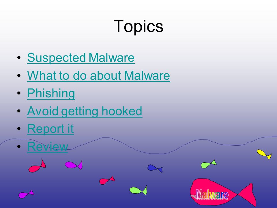 Topics Suspected Malware What to do about Malware Phishing Avoid getting hooked Report it Review