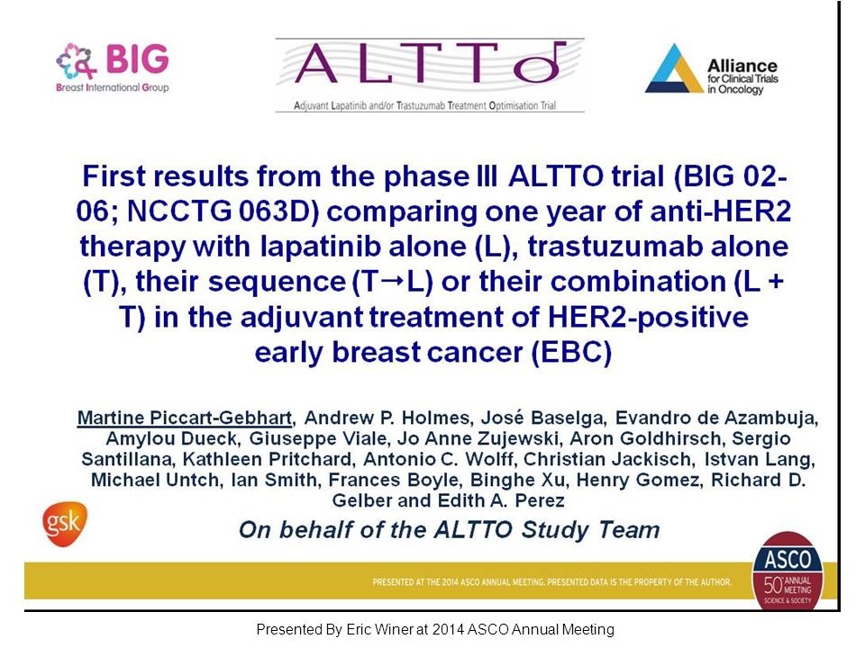 First results from the phase III ALTTO trial (BIG 02-06; NCCTG 063D) comparing one year of anti-HER2 therapy with lapatinib alone (L), trastuzumab alone (T), their sequence (TL) or their combination (L + T) in the adjuvant treatment of HER2-positive early breast cancer (EBC) Presented By Eric Winer at 2014 ASCO Annual Meeting