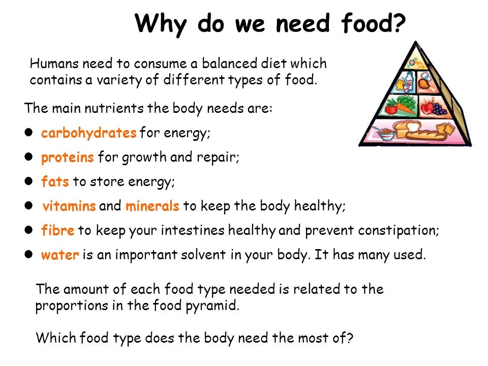 Humans need to consume a balanced diet which contains a variety of different types of food.