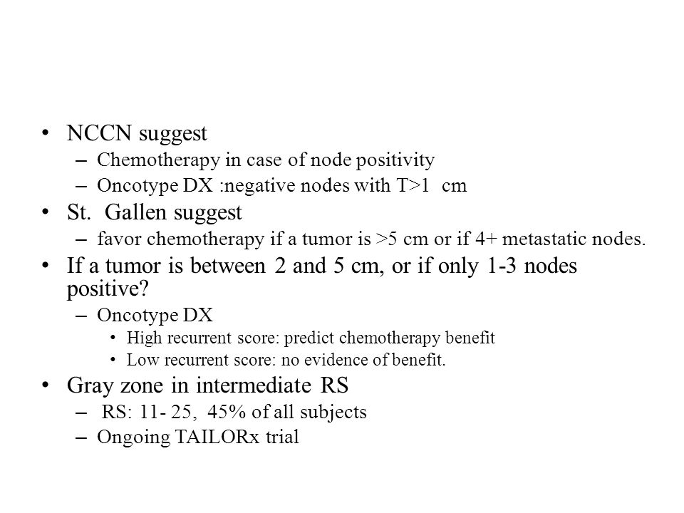 NCCN suggest – Chemotherapy in case of node positivity – Oncotype DX :negative nodes with T>1 cm St.