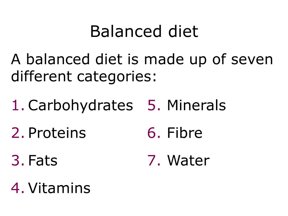 Balanced diet A balanced diet is made up of seven different categories: Diet 5 1.Carbohydrates 2.Proteins 3.Fats 4.Vitamins 5.Minerals 6.Fibre 7.Water