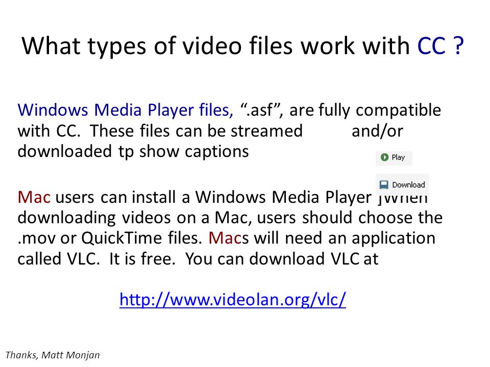 What types of video files work with CC .