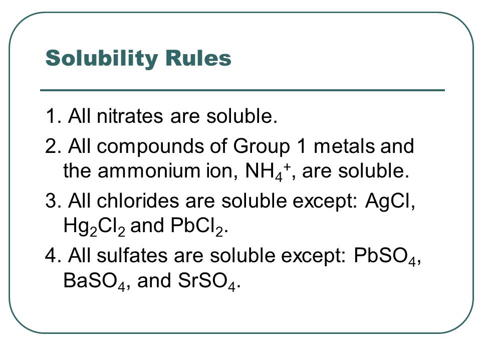 Solubility Rules 1. All nitrates are soluble. 2.