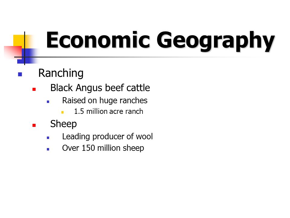 Economic Geography Ranching Black Angus beef cattle Raised on huge ranches 1.5 million acre ranch Sheep Leading producer of wool Over 150 million sheep