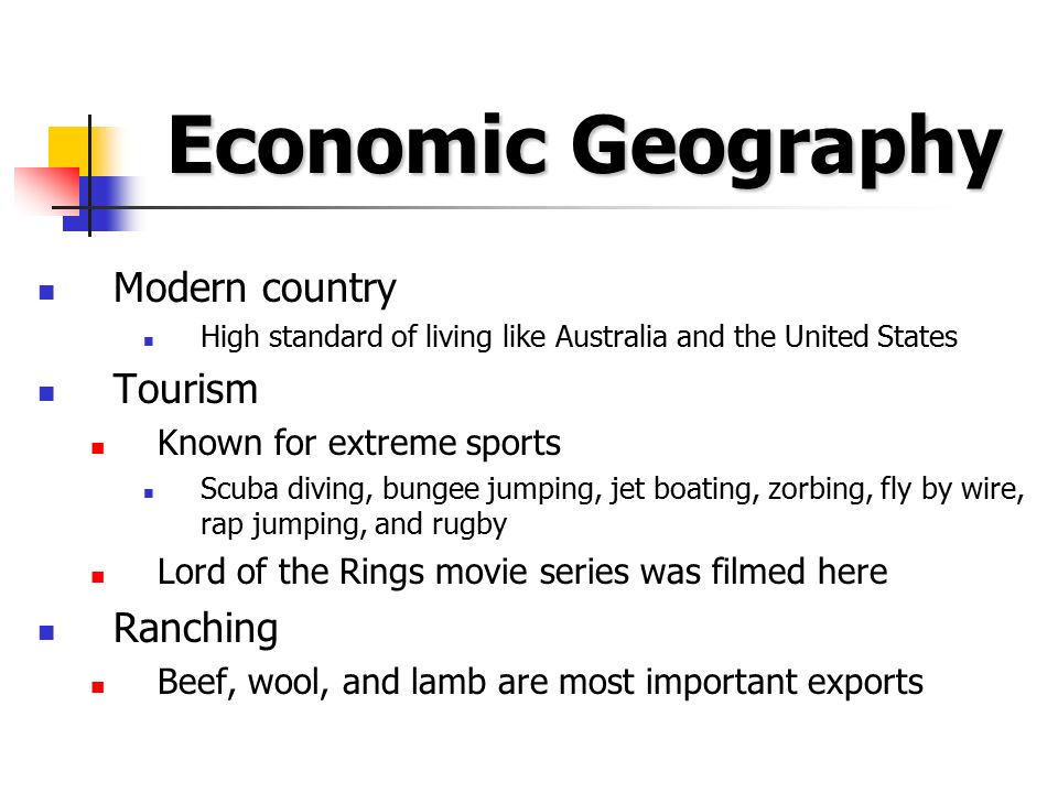 Economic Geography Modern country High standard of living like Australia and the United States Tourism Known for extreme sports Scuba diving, bungee jumping, jet boating, zorbing, fly by wire, rap jumping, and rugby Lord of the Rings movie series was filmed here Ranching Beef, wool, and lamb are most important exports