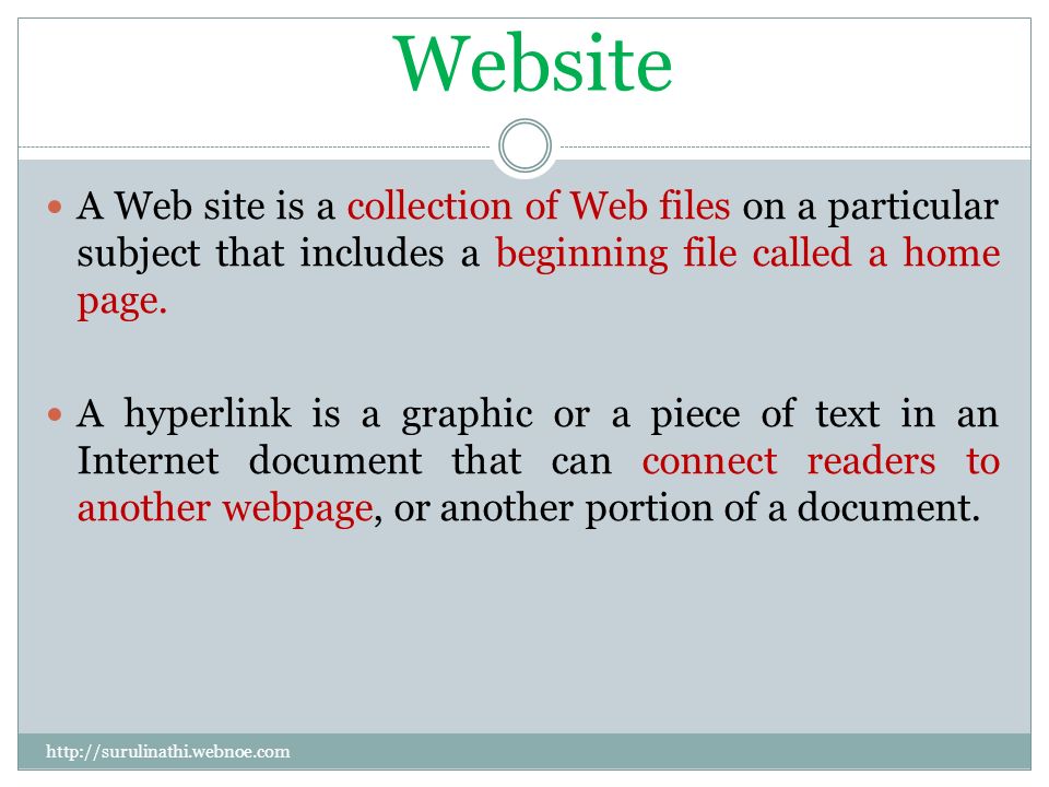 Website A Web site is a collection of Web files on a particular subject that includes a beginning file called a home page.