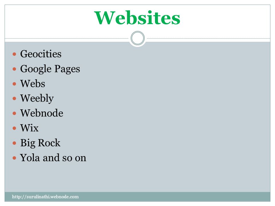 Websites Geocities Google Pages Webs Weebly Webnode Wix Big Rock Yola and so on
