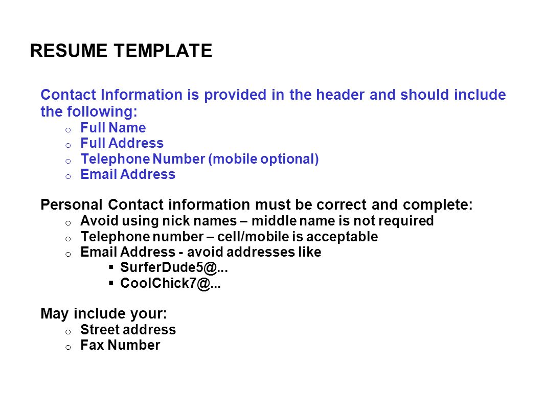 personal contact information template