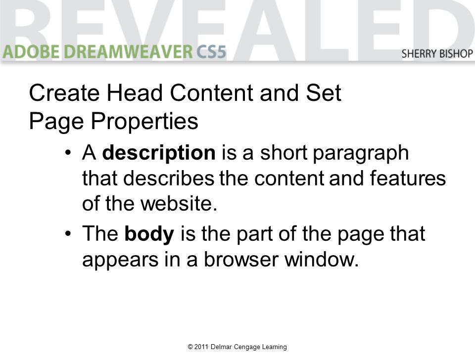© 2011 Delmar Cengage Learning A description is a short paragraph that describes the content and features of the website.