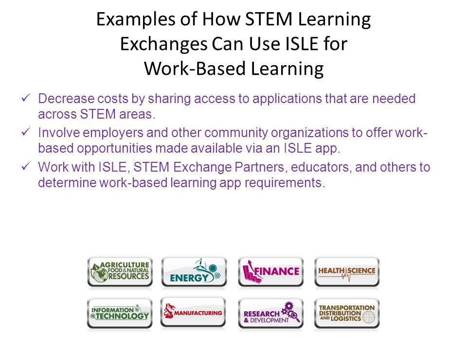 Examples of How STEM Learning Exchanges Can Use ISLE for Work-Based Learning Decrease costs by sharing access to applications that are needed across STEM areas.