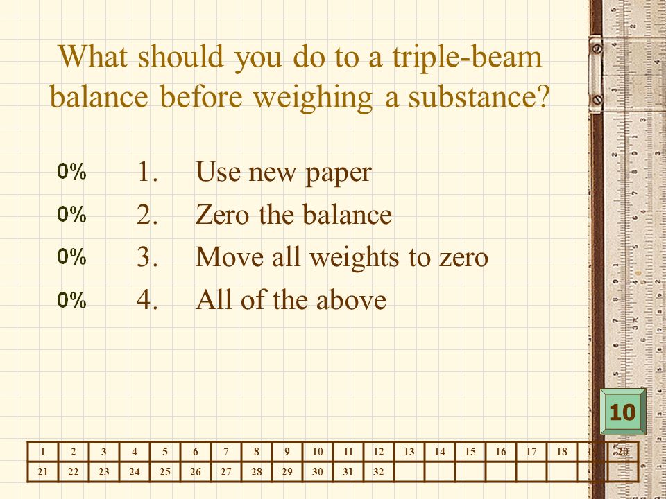 What should you do to a triple-beam balance before weighing a substance.