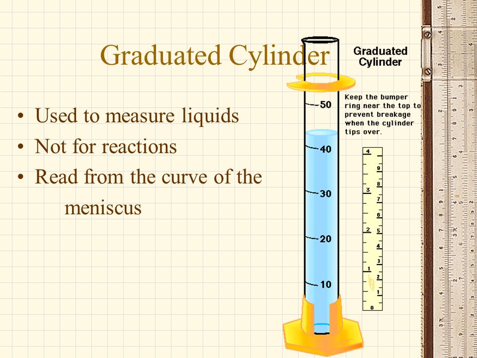 Graduated Cylinder Used to measure liquids Not for reactions Read from the curve of the meniscus