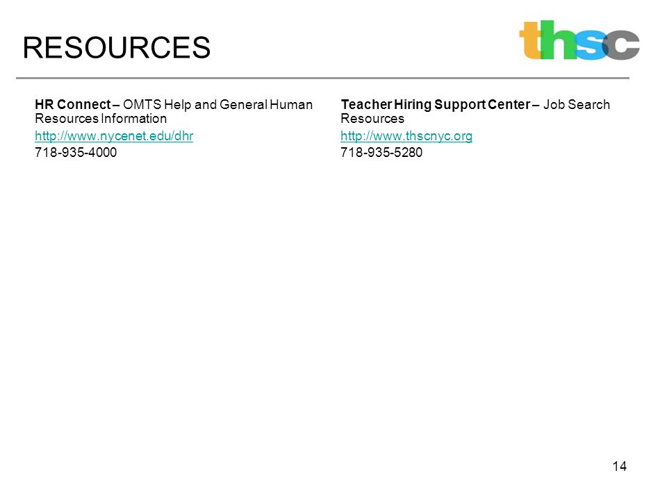 14 RESOURCES HR Connect – OMTS Help and General Human Resources Information Teacher Hiring Support Center – Job Search Resources