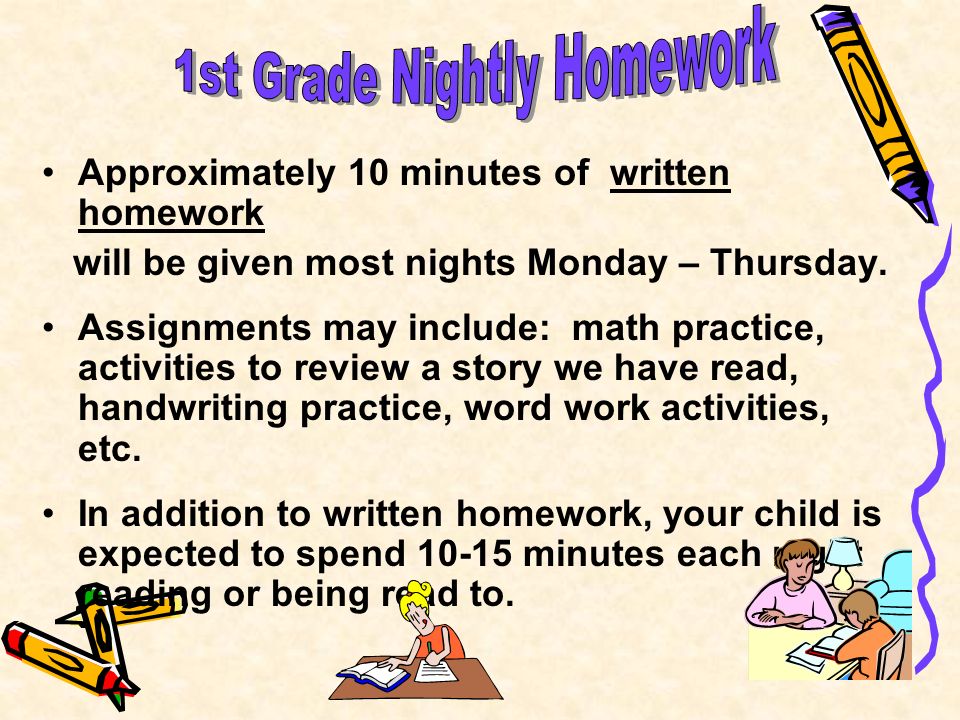 Approximately 10 minutes of written homework will be given most nights Monday – Thursday.