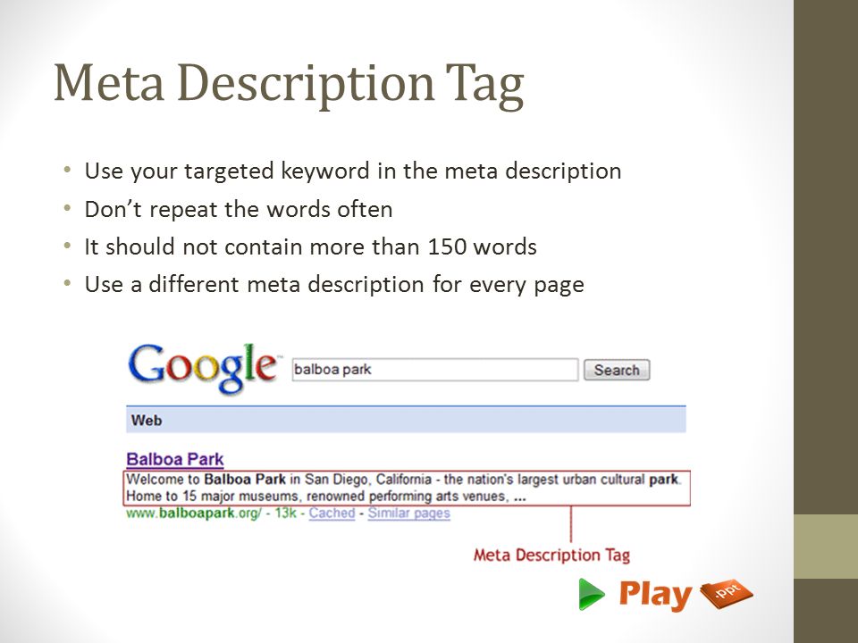 Meta Description Tag Use your targeted keyword in the meta description Don’t repeat the words often It should not contain more than 150 words Use a different meta description for every page